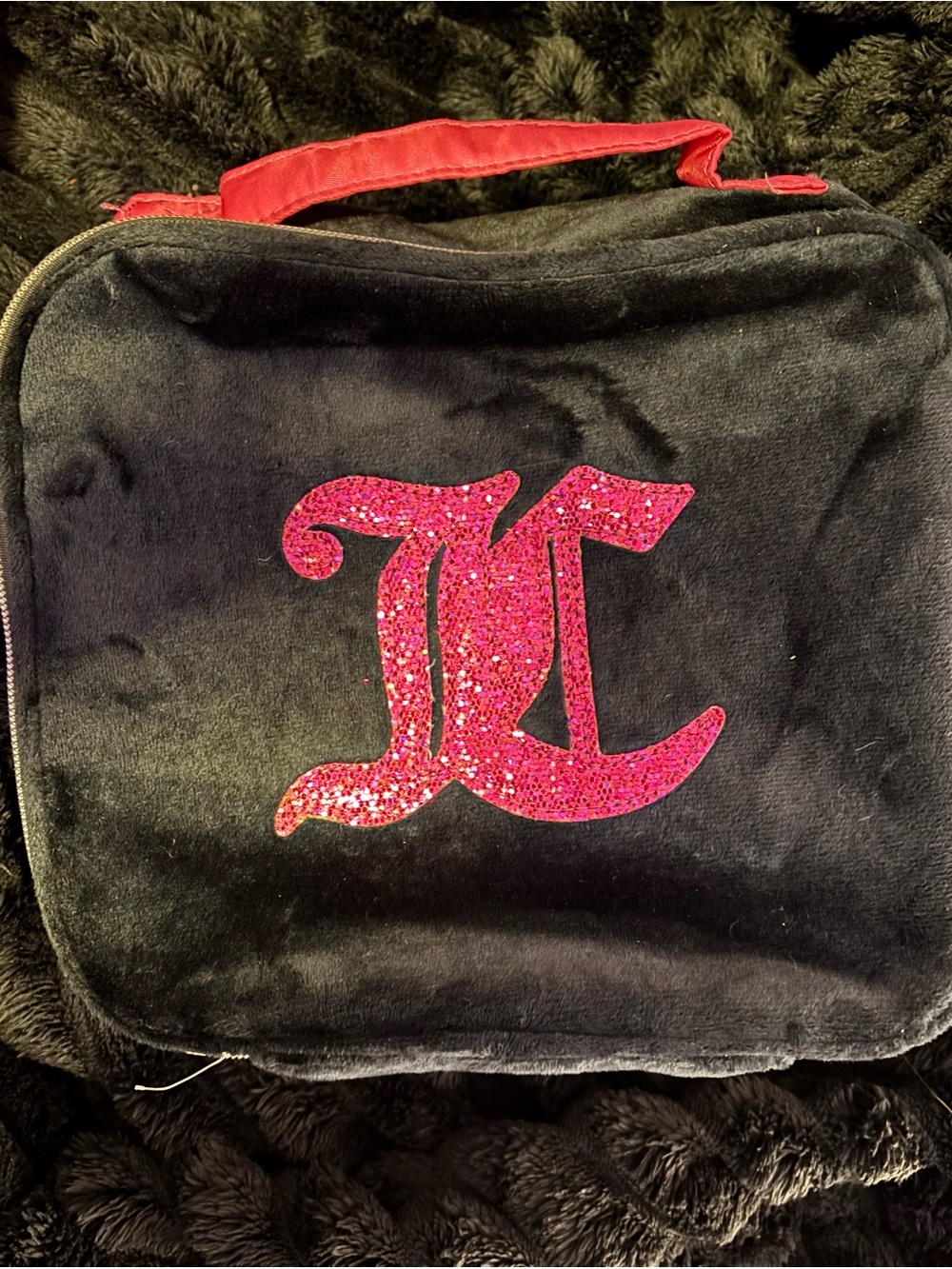 Bird by Juicy Couture Black Velvet Cosmetic Case with Pink Glitter Logo
